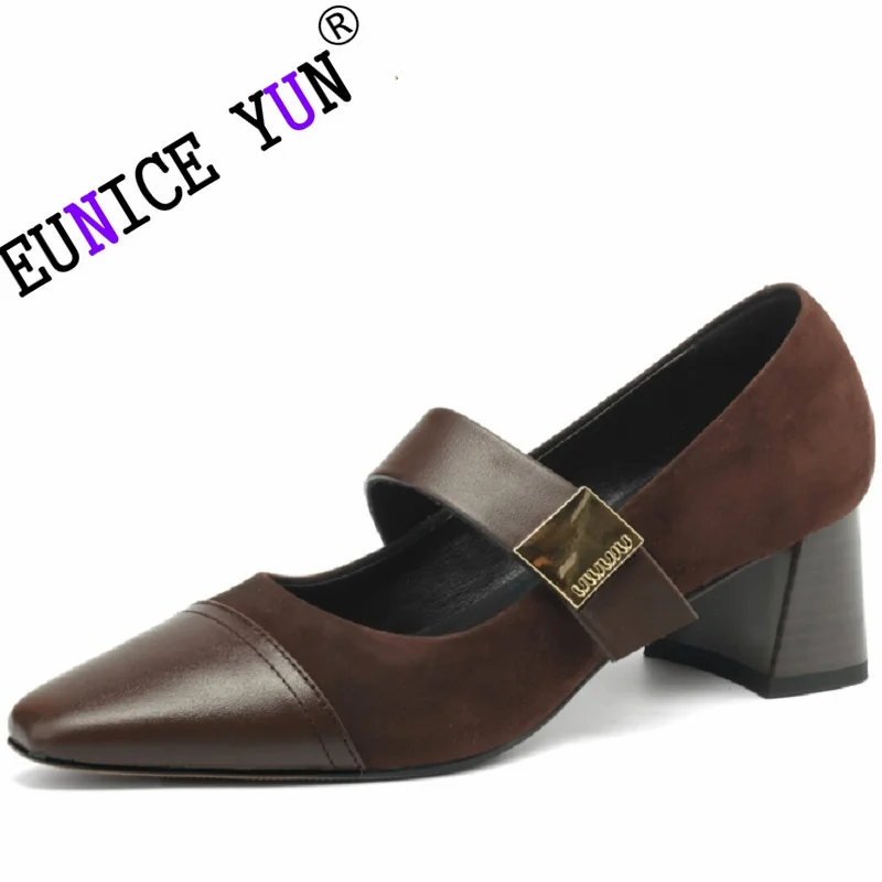 

【EUNICE YUN】Women Brand Genuine Leather Mary Janes Pumps Gold Metal Decoration Strap Block Medium Heels Shoes 34-43