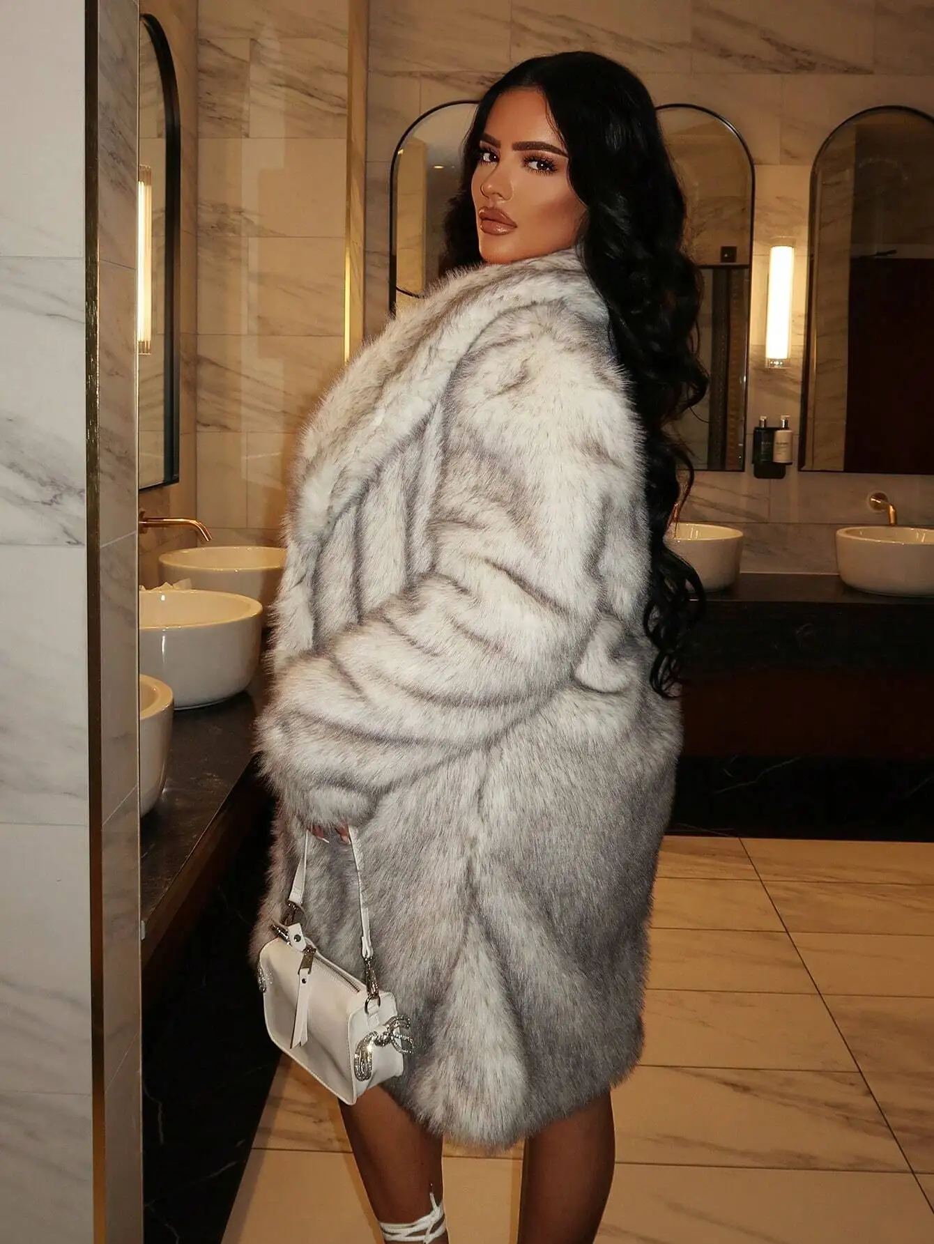 Abrigo peludo con frente abierto para mujer, ropa de abrigo sexy de invierno con piel sintética de felpa, manga larga, estilo lujoso