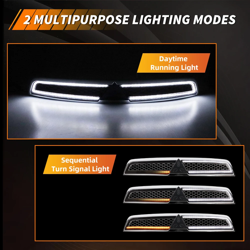 1 قطعة المصد الأمامي كروم شل الأسود إدراج شواء هود شبكة بدوره مصباح إشارة DRL ضوء ث/LED ل 2008-2015 ميتسوبيشي لانسر #3