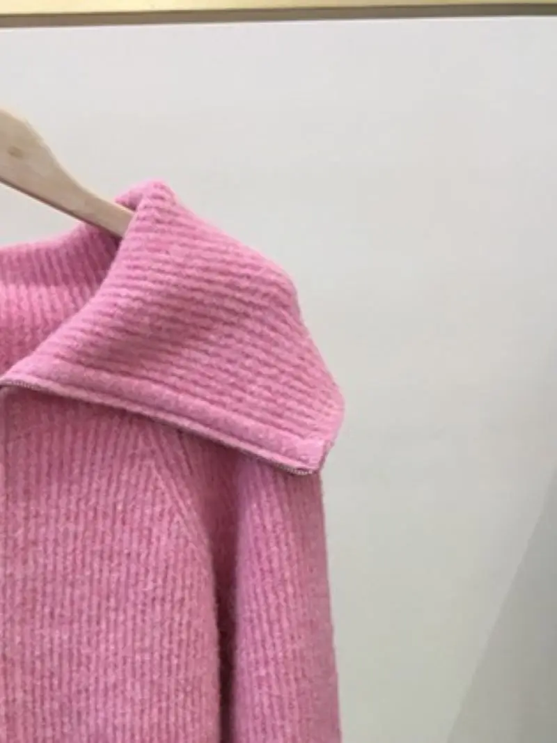 Women Pink Knitted Sweater Autumn Winter Zipper Turn-down Collar Long Sleeve Loose Cardigan