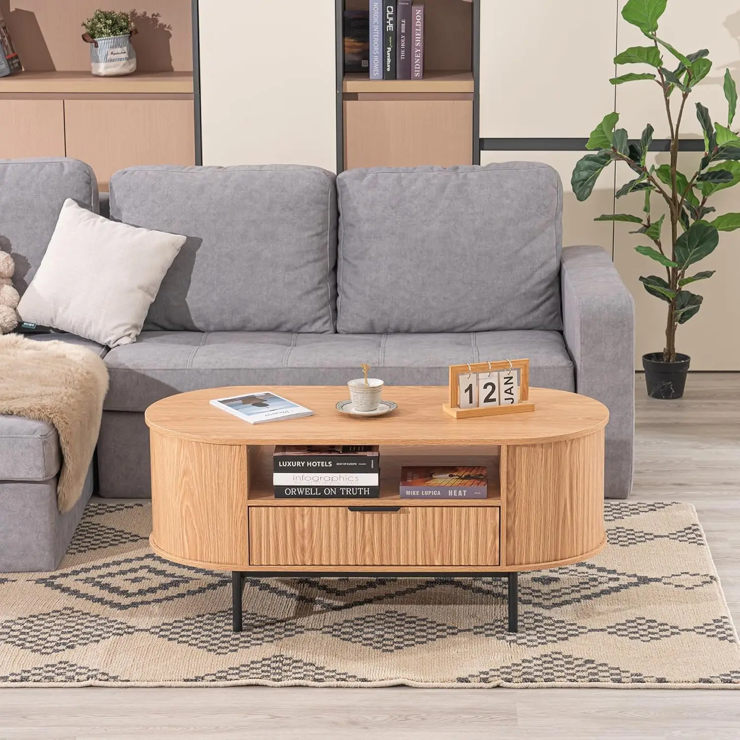 Modern Fluted Coffee Table, 43.3'' Modern Oval Coffee Table With Drawer, Curved Wooden Coffee Table With Black Metal Legs For