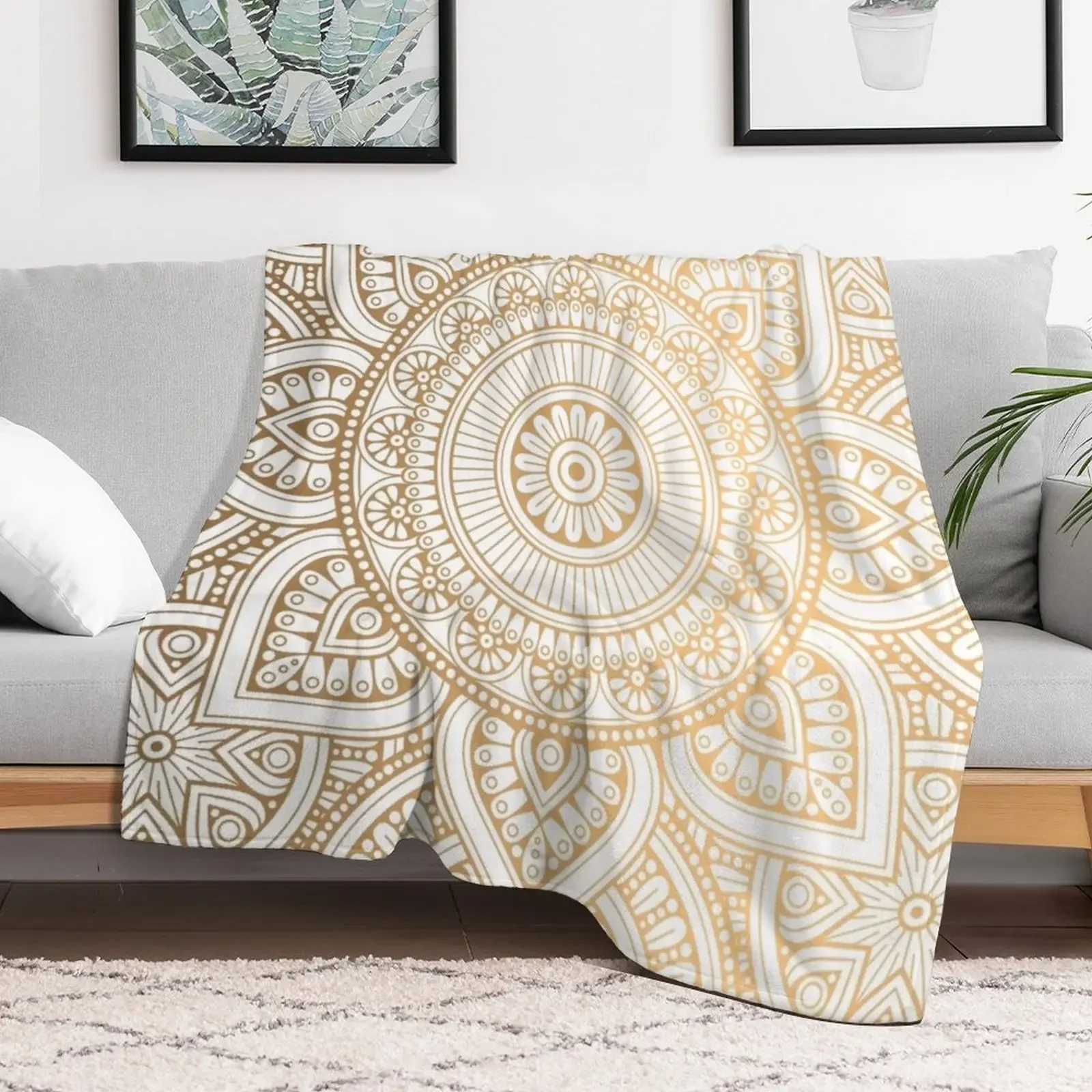 Gold Mandala Pattern Illustration With White Shimmer Throw Blanket Stylish Warm Blanket for Living Room Bedroom