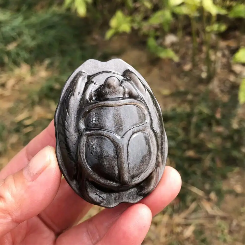 Hand-Carved Silver Obsidian Scarab 5.8cm Natural Healing Mineral Ornament Polished Home Decor Ideal Christmas Gift 1pcs