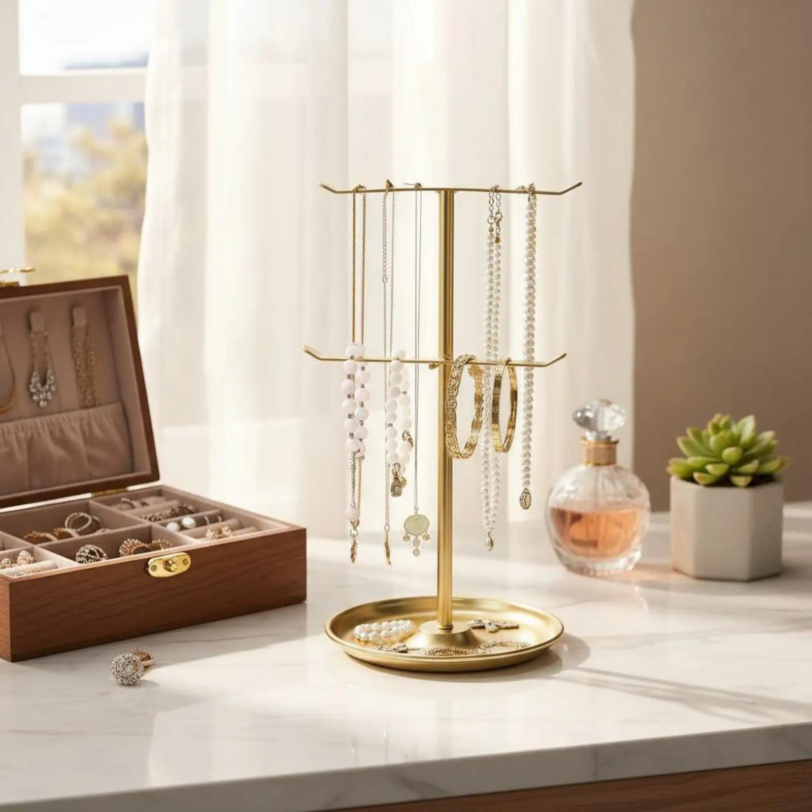 Jewelry Display Stand Space Saving Iron Jewelry Organizer Holder with Dual Rods and Tray for Jewelry Storage view 5