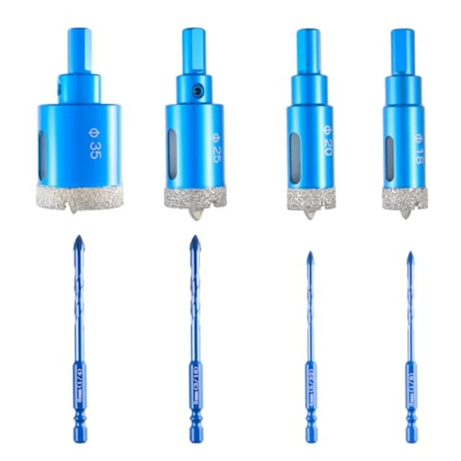 

Diamond Hole Saw Kit with Pilot Drill Bit and Carbide Drill Bits - 18/20/25/35mm Hole Saws + 3-6mm Hex Shank Bits for Glass Cer