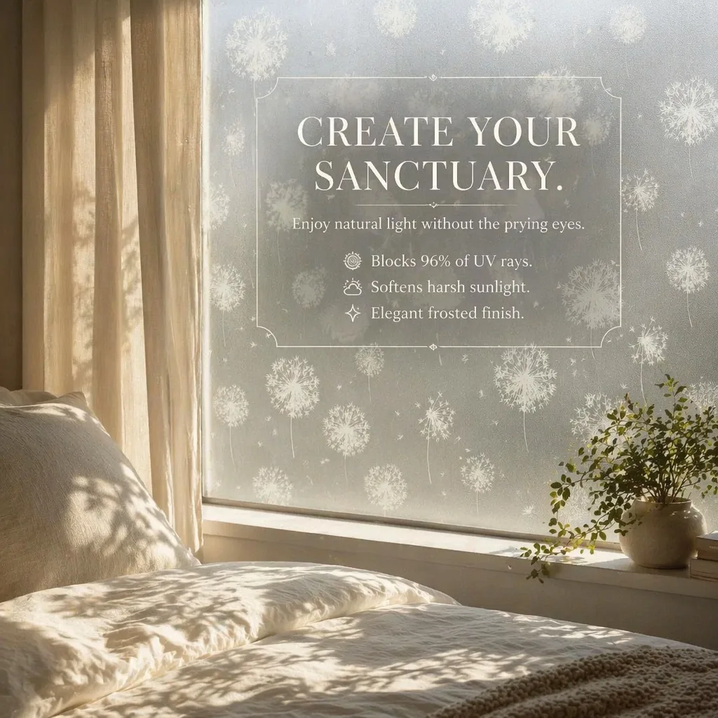 Self Adhesive Dandelion Print Frosted Window Film Anti UV Heat Insulation