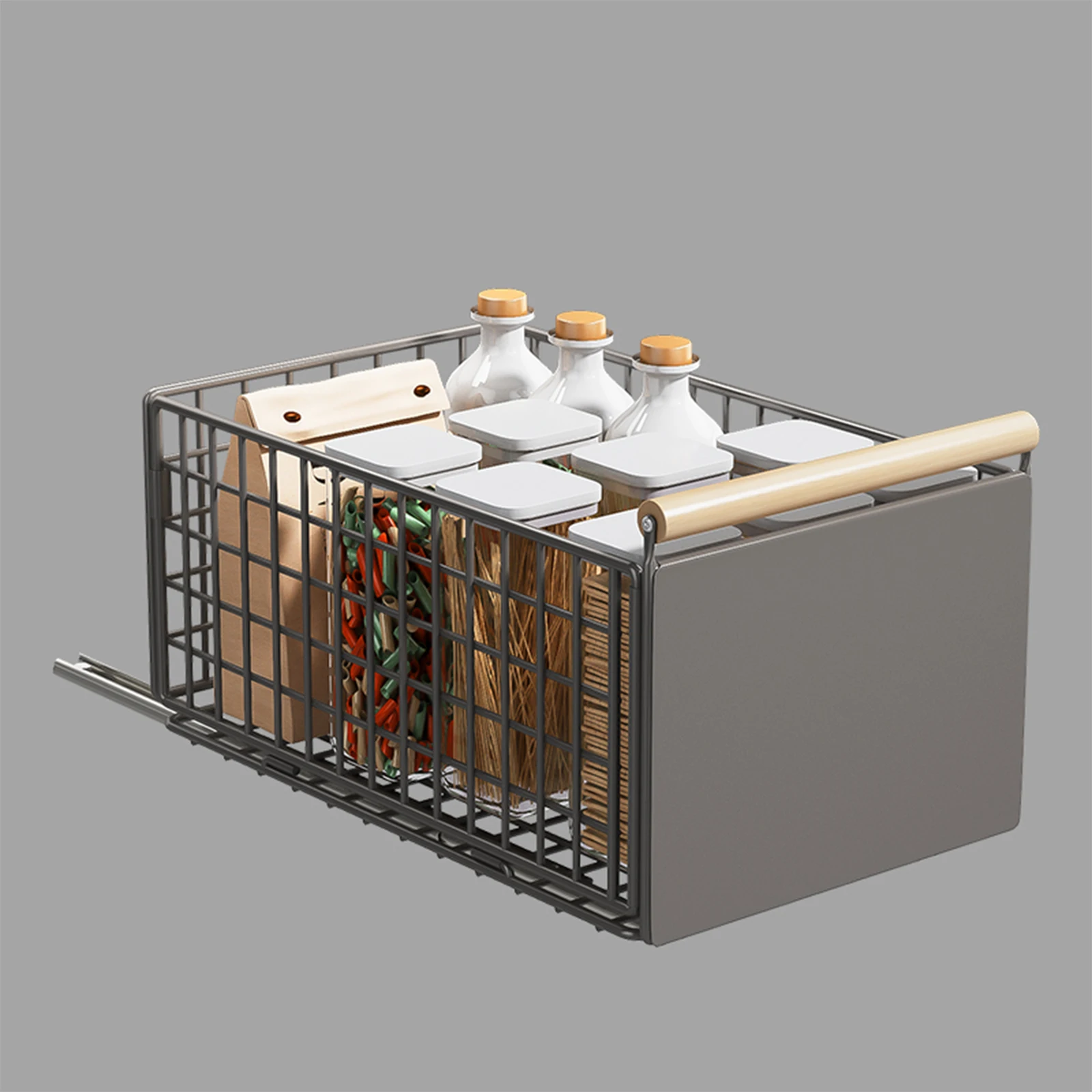 1pc Kitchen Pull-out storage rack Cabinet Sliding storage basket Foldable Easy installation Grey