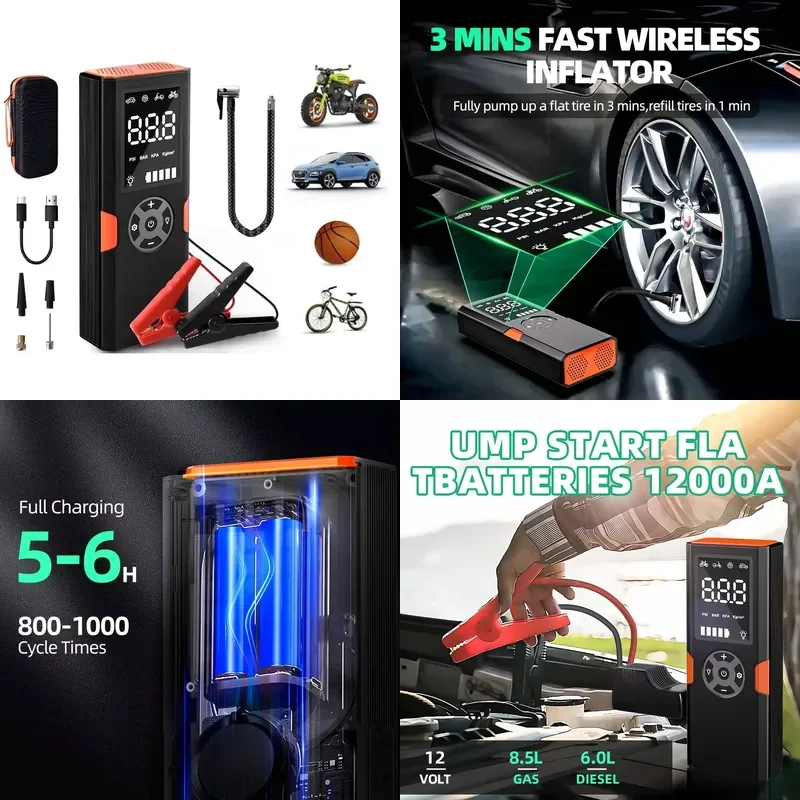 Compressor de ar portátil, bomba de ar 12000mAh 150PSI sem fio, elétrico, para carro, motocicleta, bicicleta, bola, com função de partida de carro.