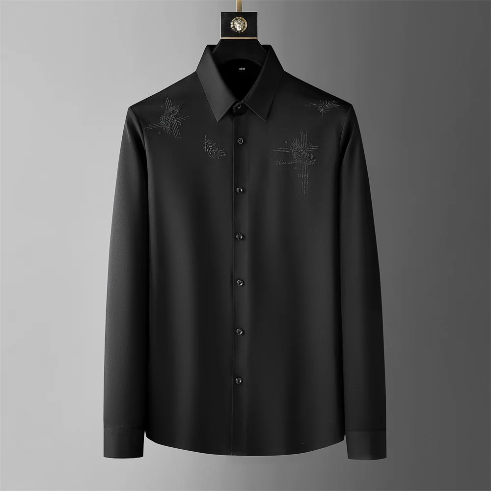 

Luxury Feather Rhinestones Shirts Men 2024 Spring Long Sleeve Casual Business Dress Shirts Office Social Party Tuxedo Blouse 5XL