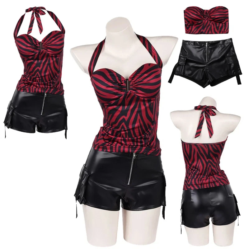 Disfraz de Obsession Nikki, atuendo de cosplay, top con tirantes de cebra, pantalones cortos tipo cargo de cuero sintético, estilo punk urbano, ideal para Halloween, carnaval o como disfraz.