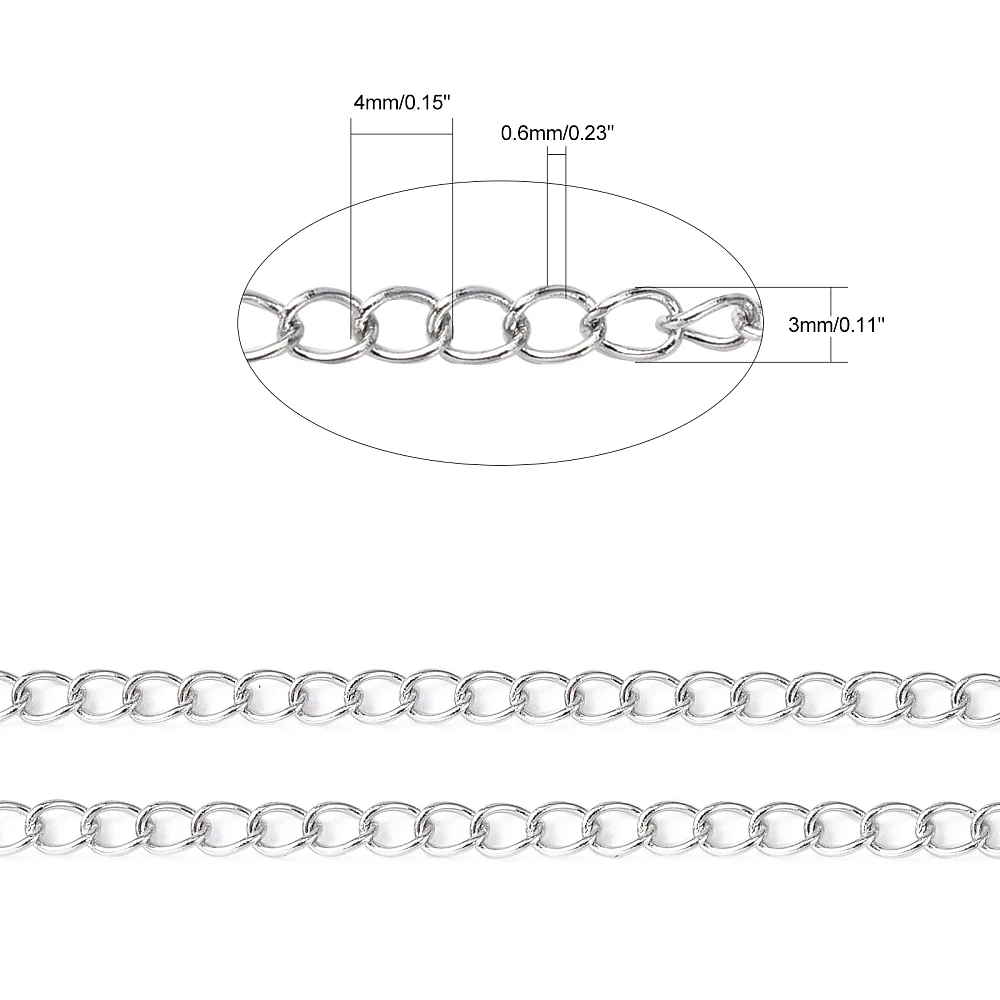 PandaHall 25m/roll Tarnish Resistant 304 Stainless Steel Curb Chains, Twisted Chains, with Spool, Soldered 4x3x0.6mm