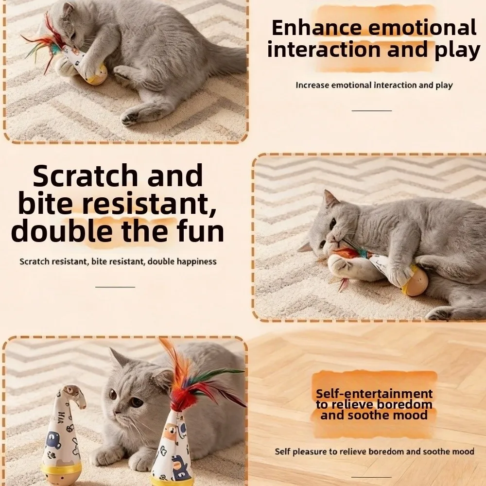 

Cartoon Pattern Cat Tumbler Wobbler Bite-Resistant with Feather Kitten Wobble Ball Wear-Resistant Cat Teaser Teeth Cleaning