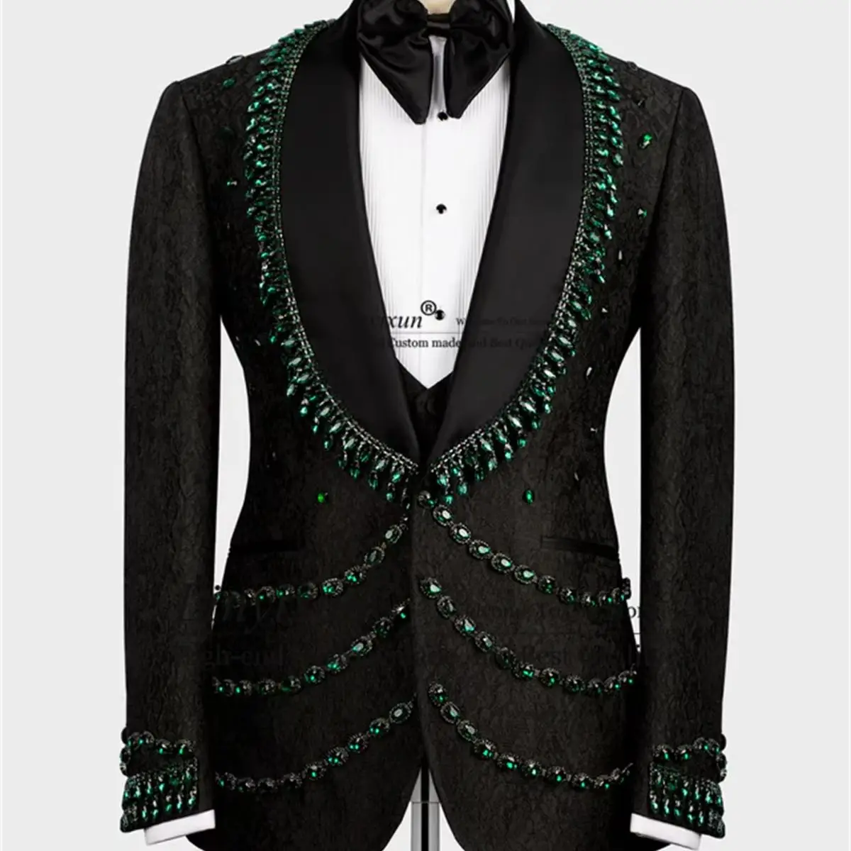 

Fashion Jacquard Men Suit Customizd Black Tuxedo Stone Embroidery Male Prom Blazer 3 Pieces Sets Groom Wedding pantalones hombre