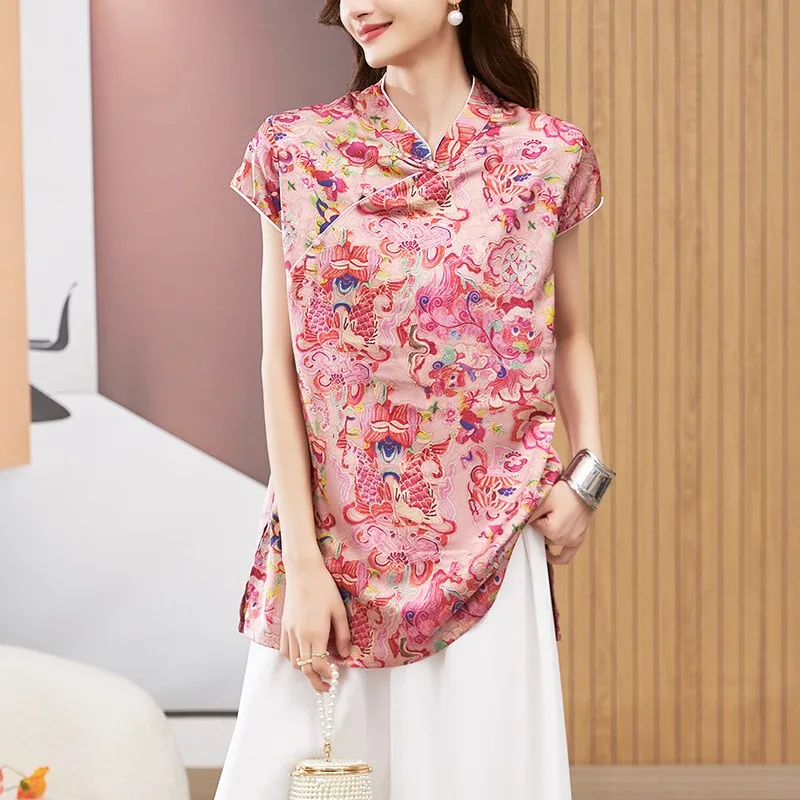 Women's Blouse Short Sleeve Round Neck Top Mandarin Collar Tunic Geometric Print Loose Fit Mid Length Gold Brown Shirt - view 4