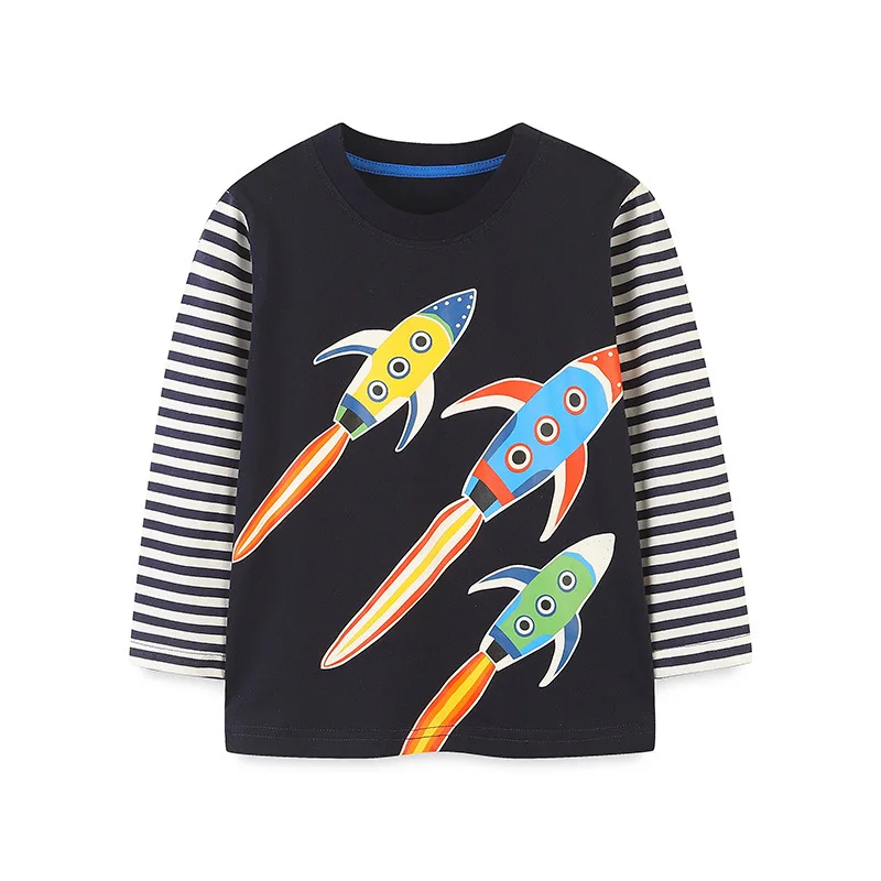 Ropa luminosa para niños, camiseta de manga larga a rayas con cohete de otoño 2025, Tops de algodón, ropa para bebés y niños