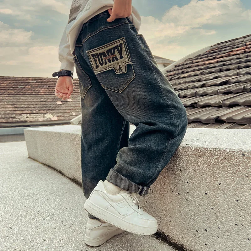 

Boys Jeans Spring Autumn Kids Denim Trousers Children Baggy Pants Teenagers Elastic Waist Blue Jeans 6 7 8 10 11 12 13 14 Years