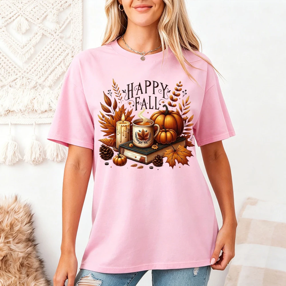 Happy Fall Graphic Pink Tee Women Candle Book T-Shirt Cozy Autumn Top Seasonal Reading Shirt Cute Pumpkin Print Daily Wear