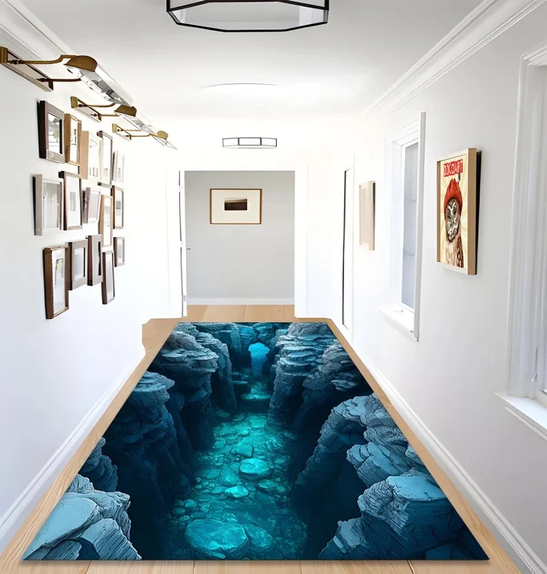 Alfombra Visual 3D con agujero para pozo de agua azul, alfombra completa para sala de estar y dormitorio, alfombra para pies con ilusión Visual 3D, decoración del hogar