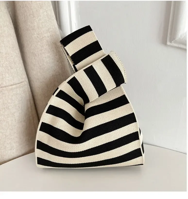 

Fashion Polka Dot And Stripe Handmade Knitted Handbag Women Mini Knot Wrist Bag Versatile Tote Bag Girls Reusable Shopping Bags