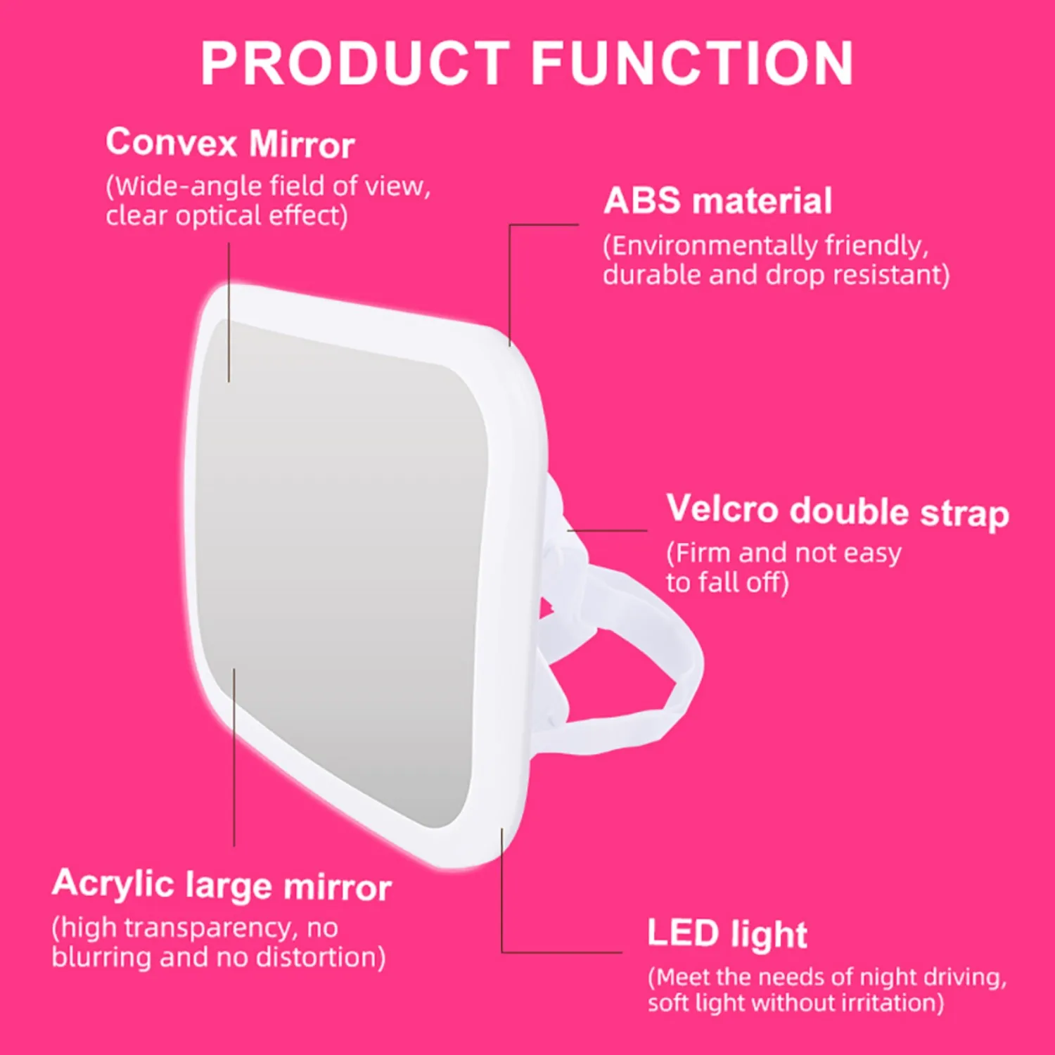 Babysicherer Steckspiegel mit umgebenden LED-Leuchten – bruchsicheres Acryl, Klettverschlusshalterung für Kinderzimmer und Kinderzimmer