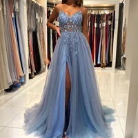 MisShow-vestidos de noche con tirantes, vestido de graduación con cuello en V, corte en A, vestidos con abertura alta, tirantes finos sexys, apliques de lentejuelas de ilusión