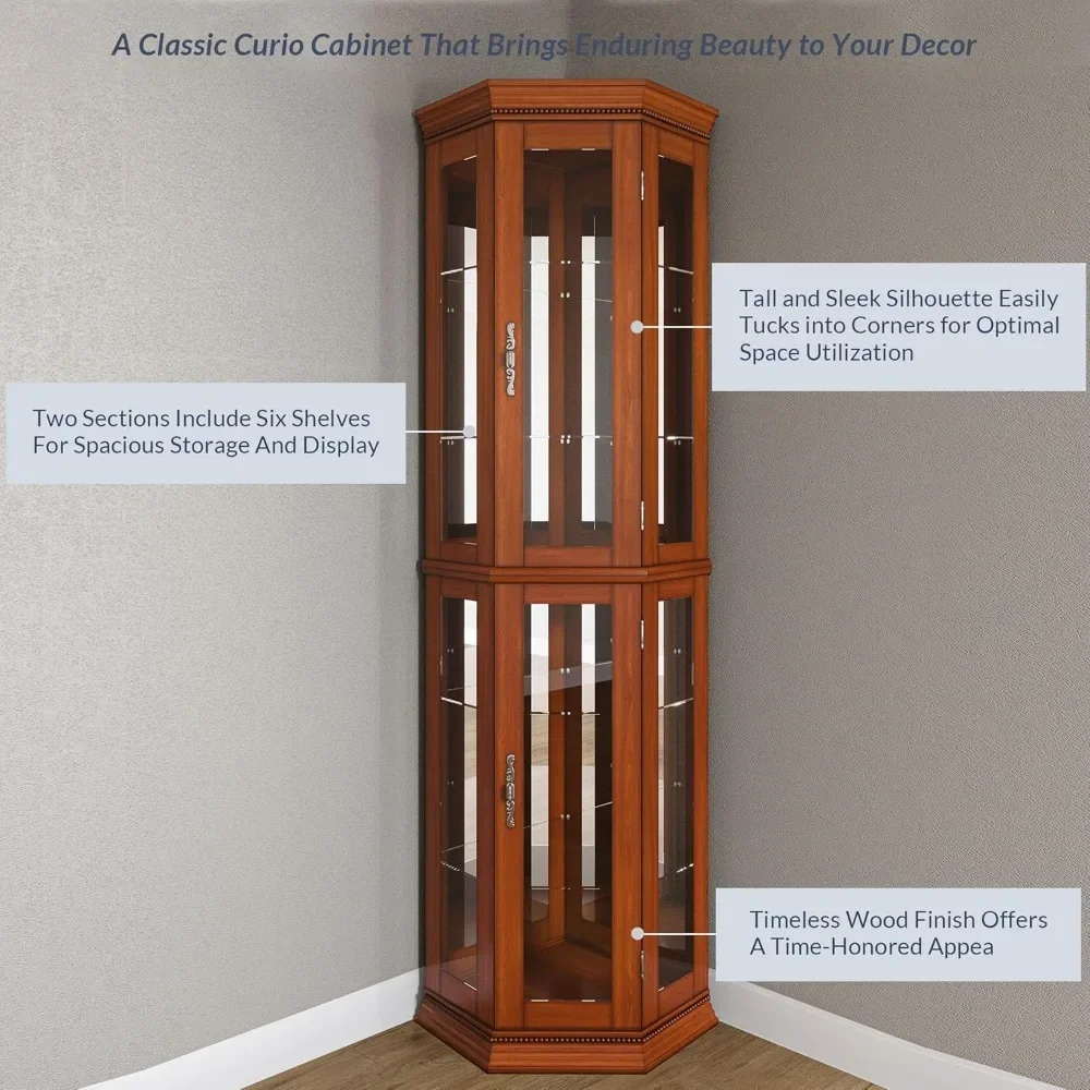 

Lighted 3-Side Glass Display Curio Cabinet W/Tempered Glass Doors and Shelves, Accent Wooden Corner Cabinet with Bulb