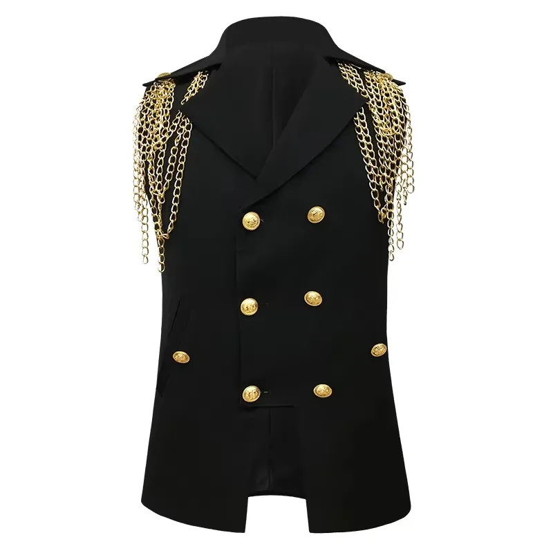 

Мужской приталенный жилет с металлической цепочкой и двойной пуговицей, красный, черный жилет в стиле панк-рок с кисточкой для выступлений на сцене и ночном клубе