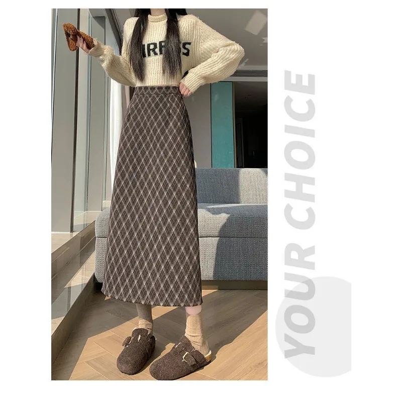 Women Fleece Lined Thick Wool Blend Plaid Midi Skirt High Waist Slim Fit Back Slit A Line Bodycon Skirt For Autumn Winter