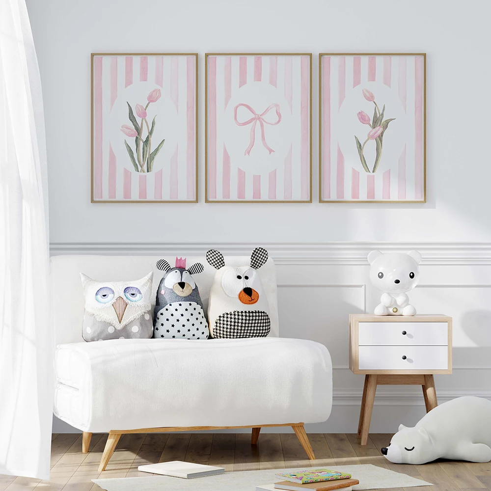 Pink Bow Wall Art Set Of 3 Striped Floral Prints Tulips Watercolors Preppy Room Decor Aesthetic Posters for Dorm Living Room