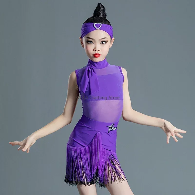 Child Latin Dance Dress Girls Cha Cha Dance Costume Fringe Dress Purple Kids Latin Competition Dress Samba Practice Wear