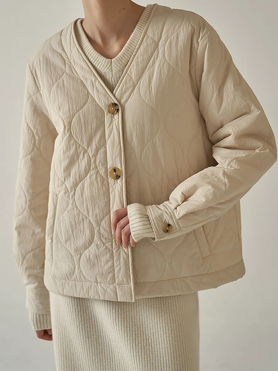 

Solid Pocket Quilted Cotton Jackets Women Autumn V Neck Single Breasted Long Sleeve Outerwear Simple Casual Fashion Warm Coat