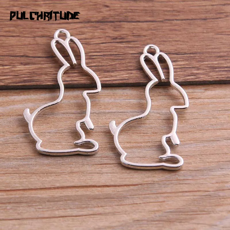 10pcs 23*44mm Three Color Alloy Jewelry Accessories Rabbit Charm Hollow Glue Blank Pendant Tray Bezel