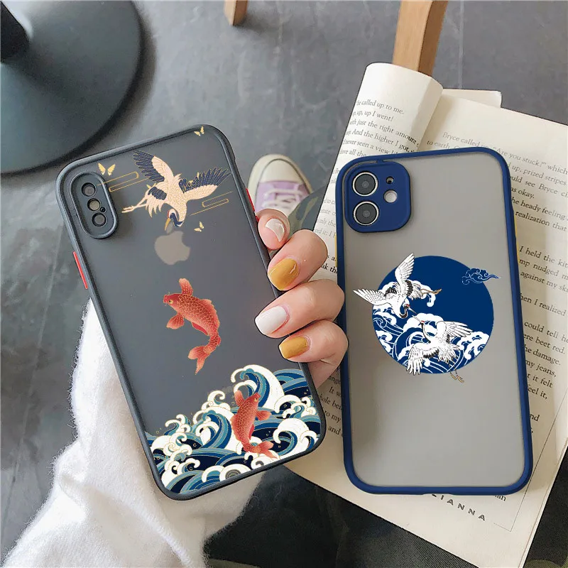 Carp Waves Crane and Brocade Pattern Phone Case for iPhone 11 12 13 Pro MAX Mini XR XS X 8 6 7 Plus SE3 Clear Hard Case Back