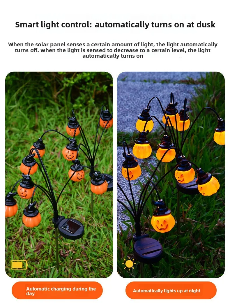 Solar Powered Halloween Pathway Light 6 Head Pumpkin Eyeball Skull Stake Light Waterproof Outdoor Garden Yard Holiday Decor Lamp