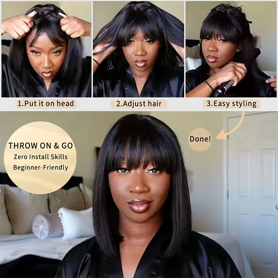 Bone Straight Human Hair Wigs With Bang Full Machine Made Wigs 30 34 inch Natural Color Wig 3x1 Lace Front Remy Human Hair Wigs