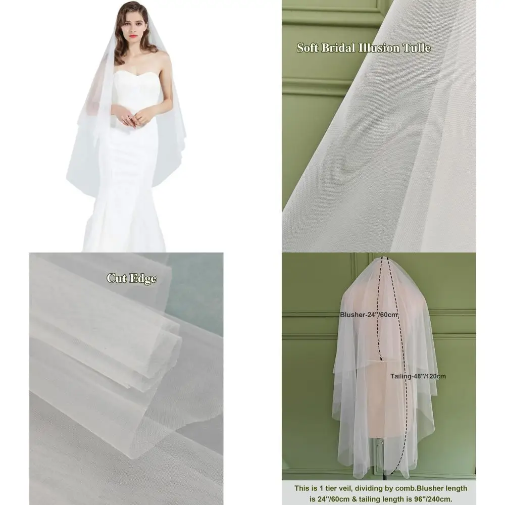 BEAUTELICATE Bridal Wedding Veil 2 Tier For Women Cut Edge Knee Chapel Length With Comb Ivory White