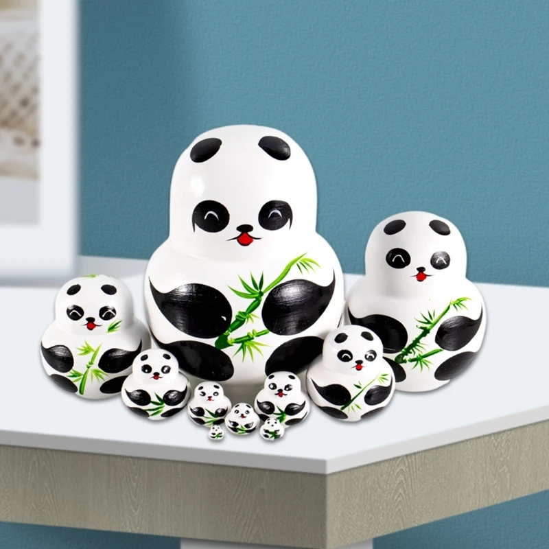 Cartoon Panda Bear Russian Nesting Hand Painted Stacking Figures10PCS