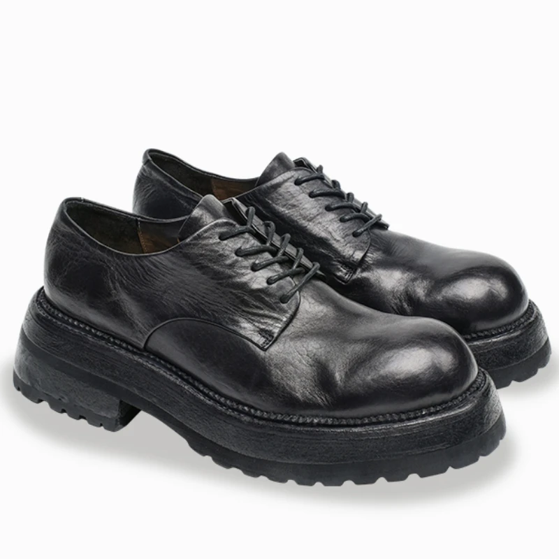 Genuine Leather Goodyear Washed Horsehide Derby Shoes for Men's European/American Classic Craftsmanship Height Increasing Shoes