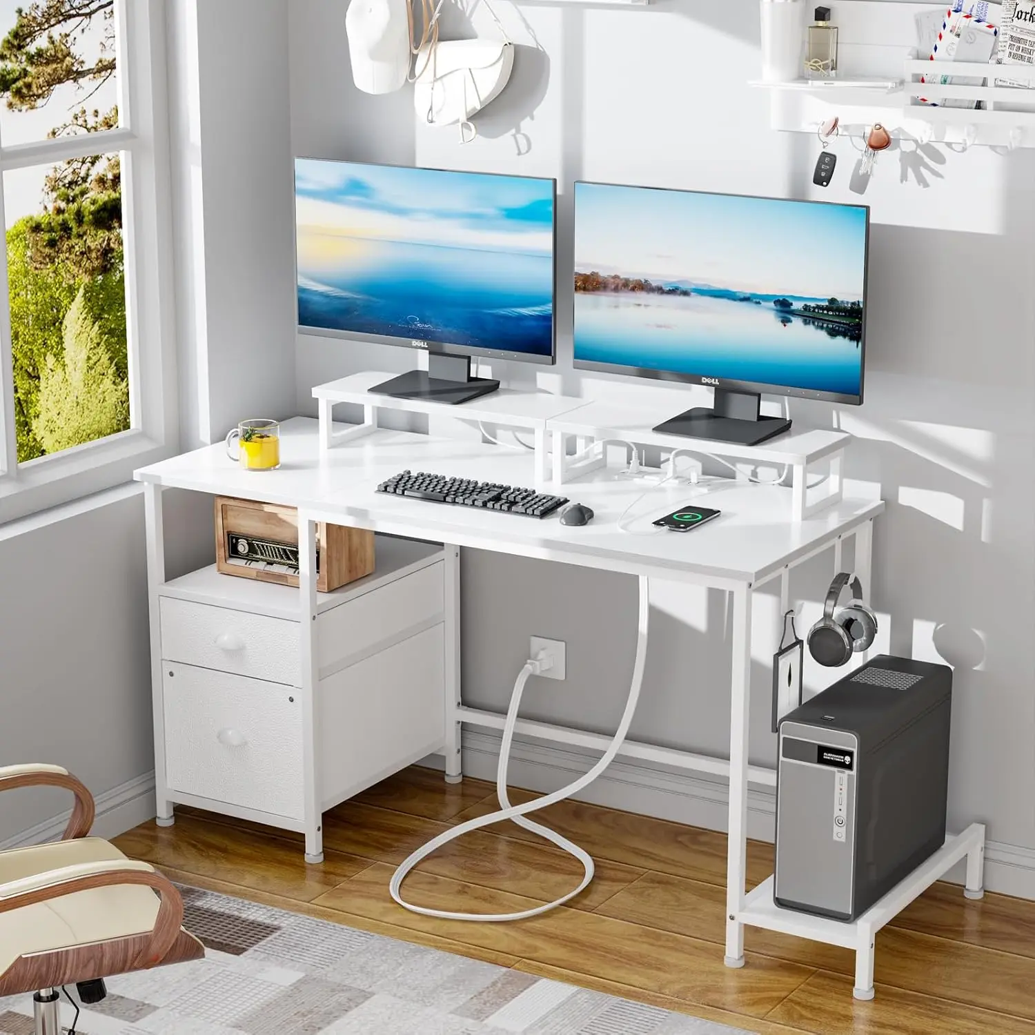 White Computer Desk with Drawer and Power Outlets, 47