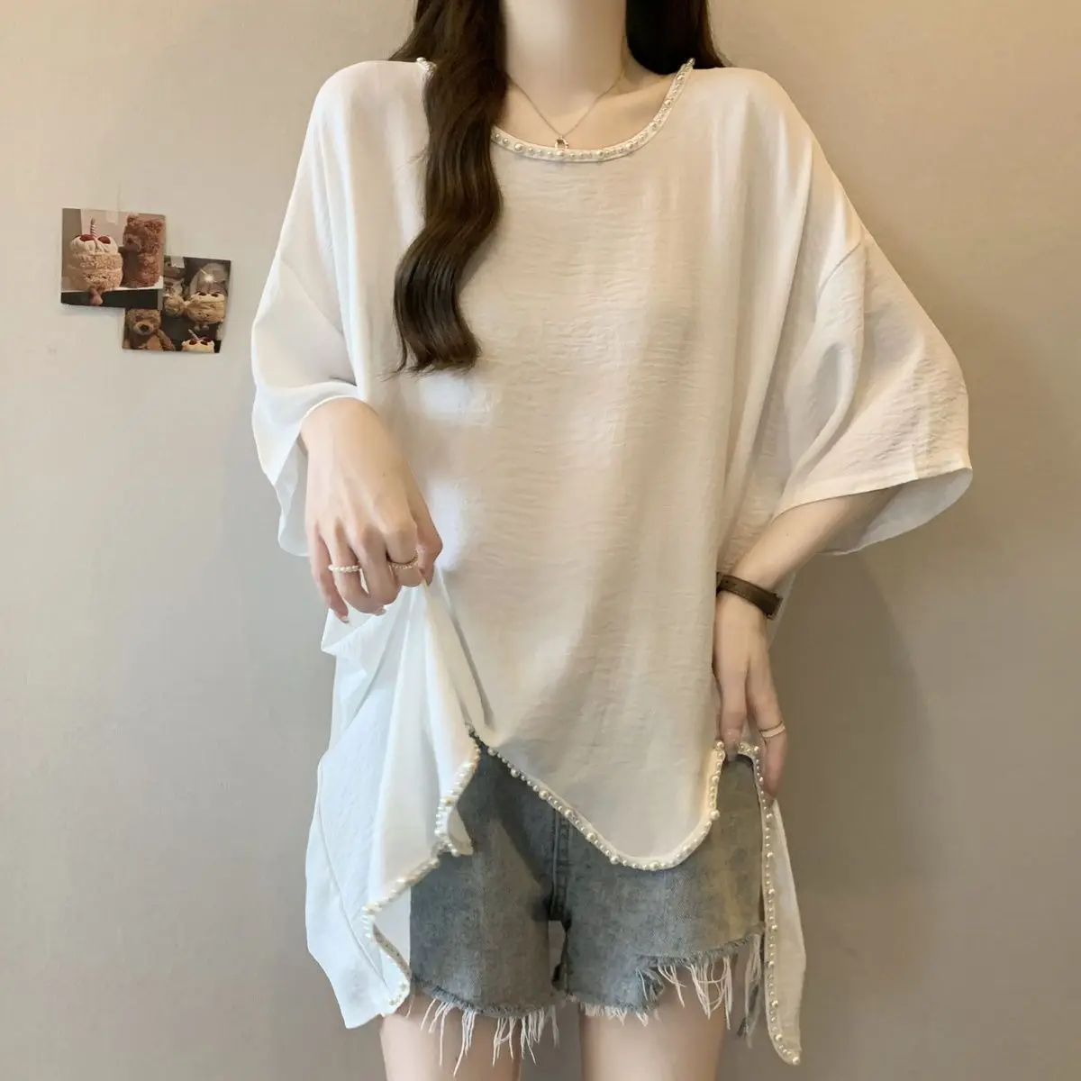 Oversized Ladies Casual Korean Bright Line Decoration Solid Color O-neck Short Sleeve T-Shirt Summer Simplicity Irregular Tops