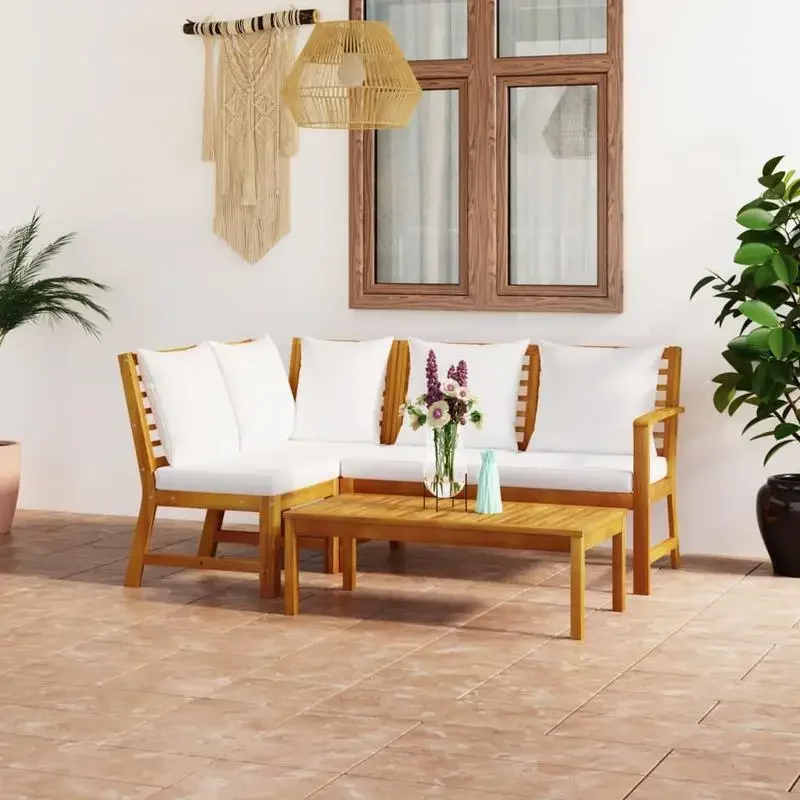 vidaXL Ensemble de salon de jardin 4 pièces en bois d'acacia massif, couleur crème, avec coussins, résistant aux intempéries, durable et élégant pour l'extérieur