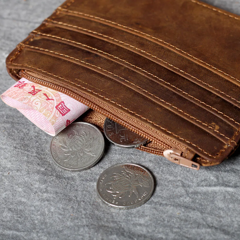 S.WORKER Handgefertigter Vintage-Kartenhalter aus echtem Leder, Vollnarbiges Rindsleder, Kleine Münztasche, Tragbare Tasche – Detail 14
