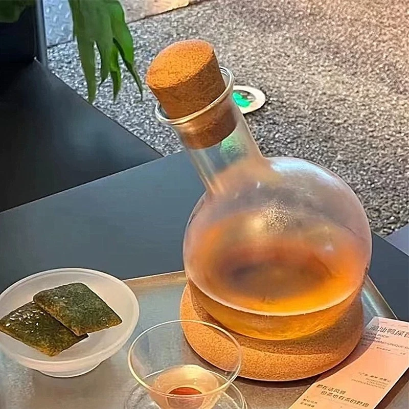 New Chinese Style Round Belly Glass Cold Brew Pot Iced Tea Kettle with Wooden Base & Cork Lid Creative Drinkware Set for Home