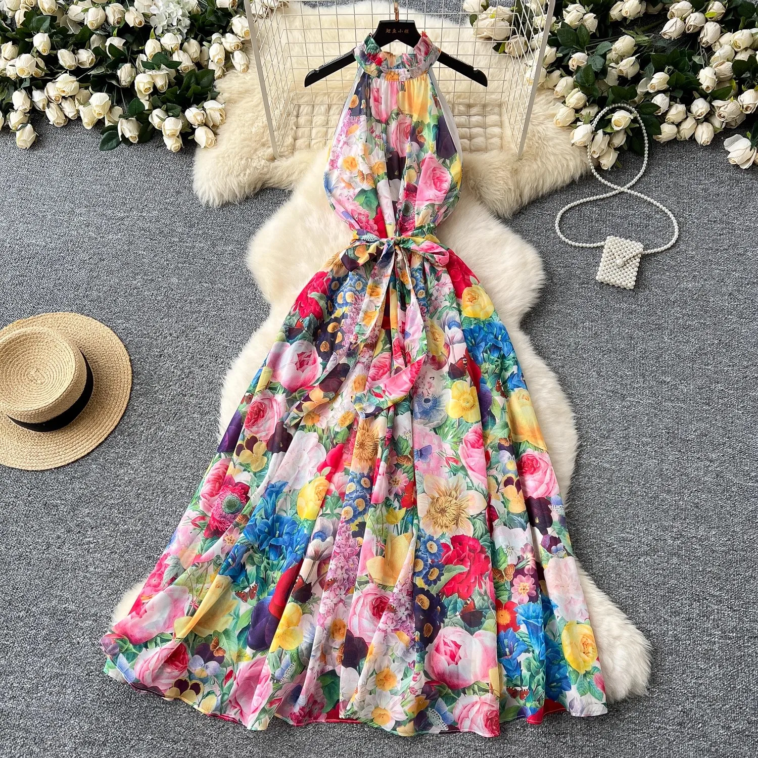 

Summer Gorgeous Flower Sleeveless Bohemian Dress Women Sexy Halter Backless High Waist Lace Up Holiday Beach Long Robes Vestidos