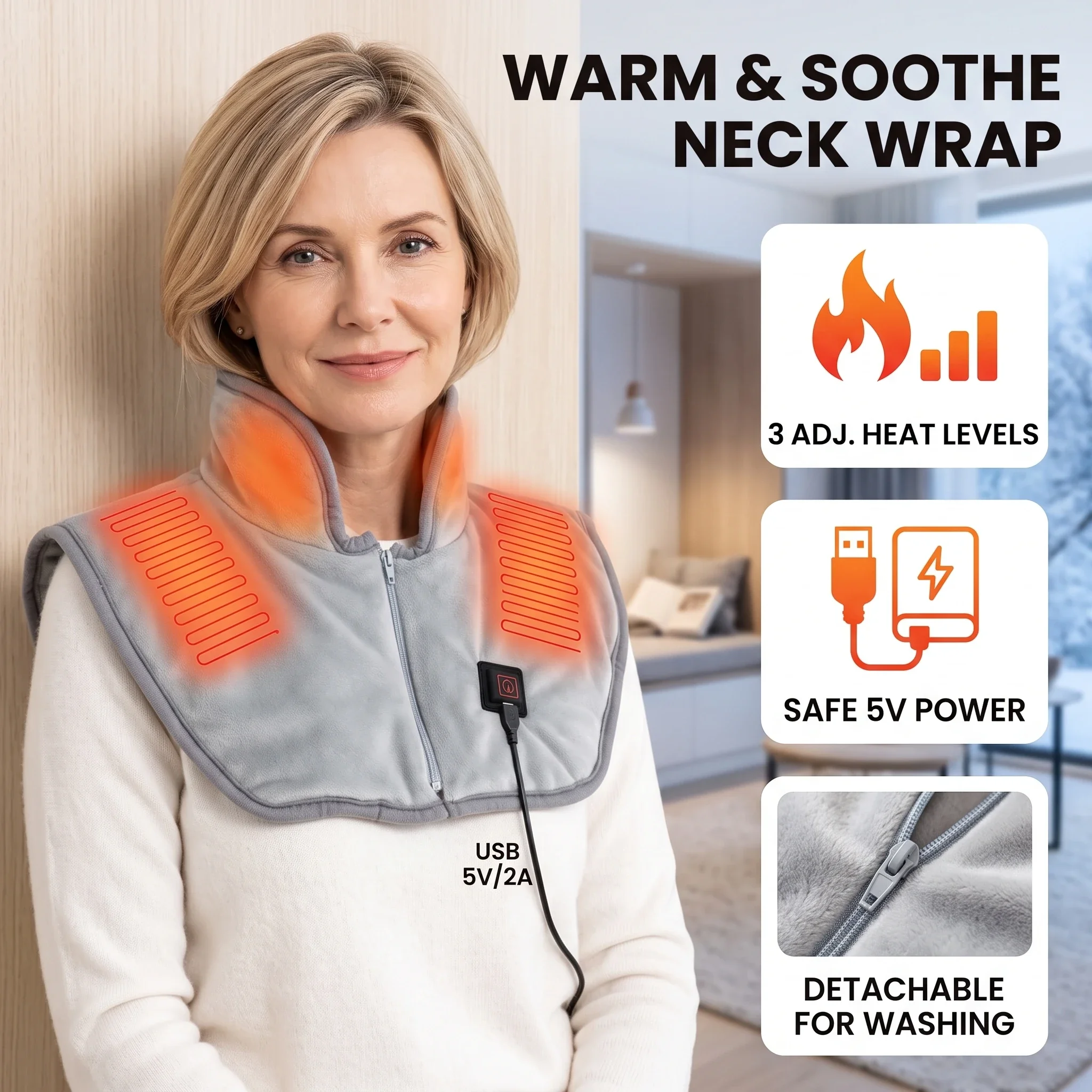 USB Zipper Heated Shawl 3 Heating Settings Heated Shoulder Wrap For Neck Back Washable Cozy Winter Warm Cape For Home Office