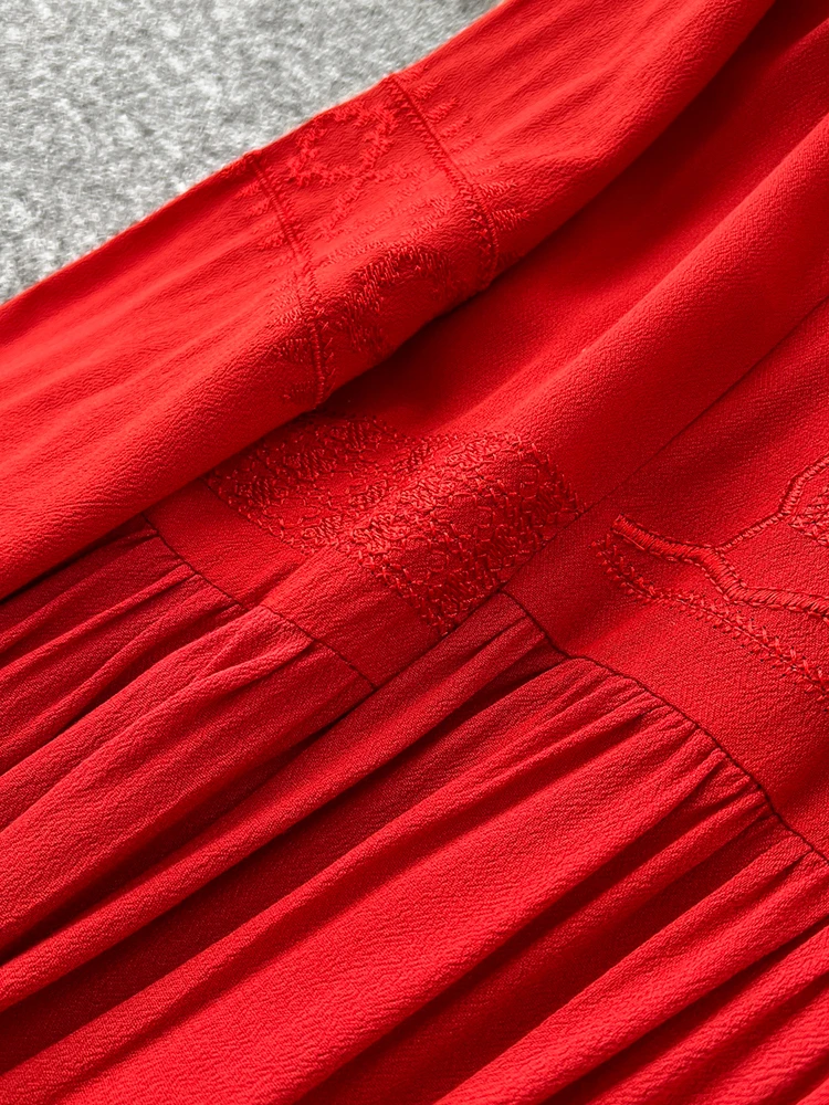 Spring Autumn Women\'s Bohemian Embroidery Dress New Vacation  Red White Lace Up V-Neck Lantern Sleeve Loose Dress D76