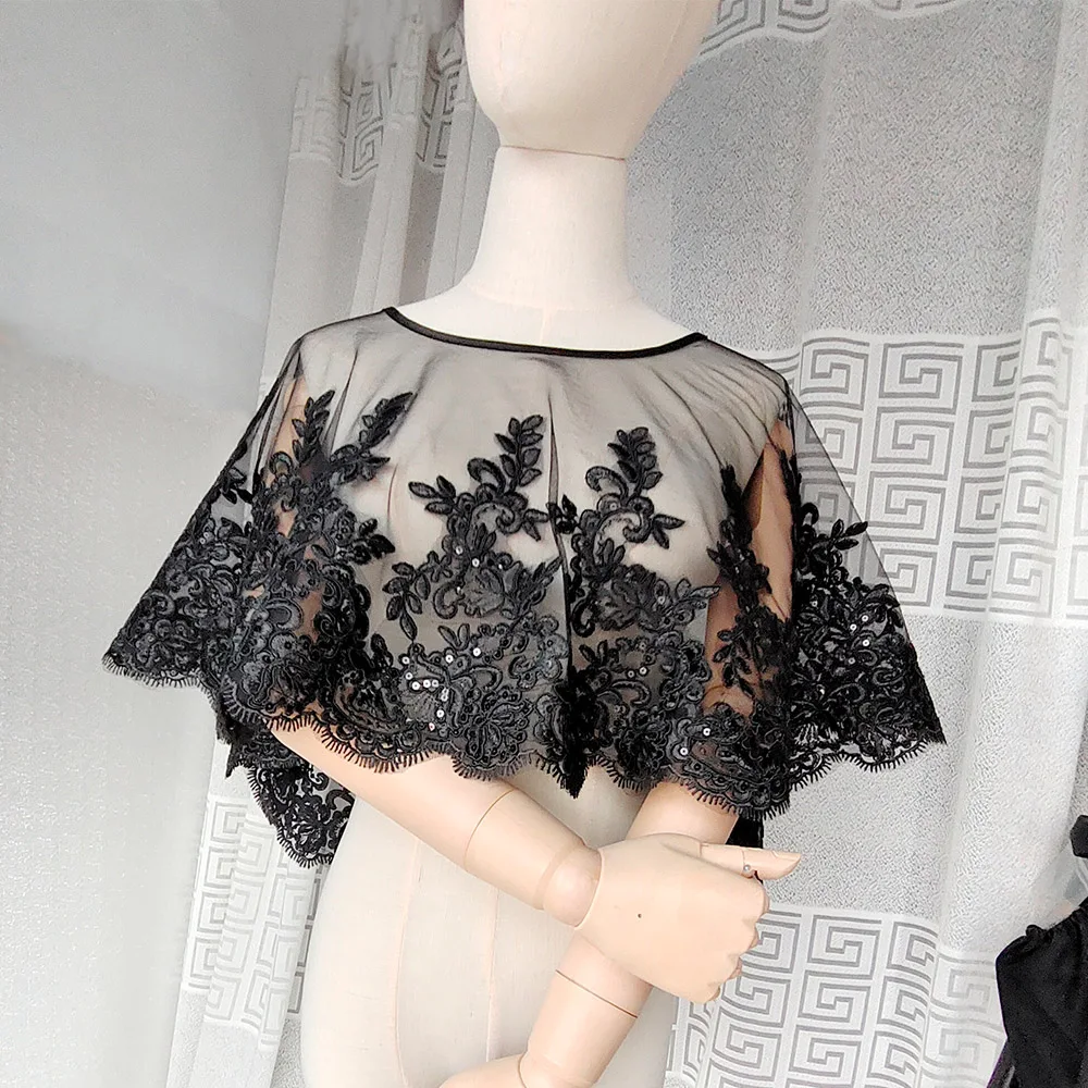 

Женская черная накидка, кружевной тюль с аппликацией, элегантная винтажная накидка, официальная пляжная шаль, вечерняя накидка для выпускного вечера с высоким и низким вырезом