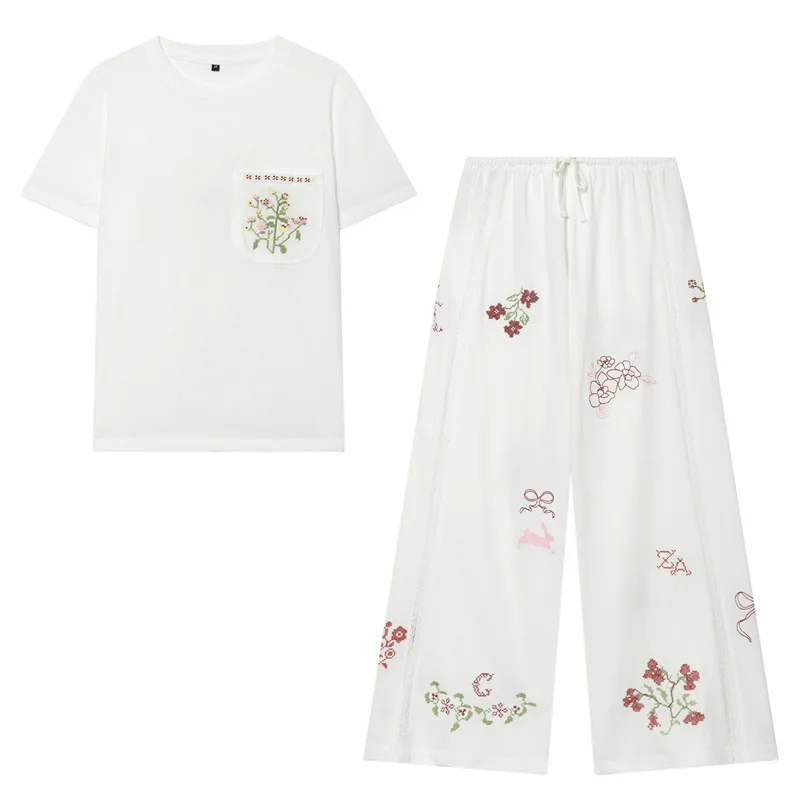 

Withered 2026 Spring European And American Style Women's Fashion Casual Loose Pocket Embroidered T-shirt Pants