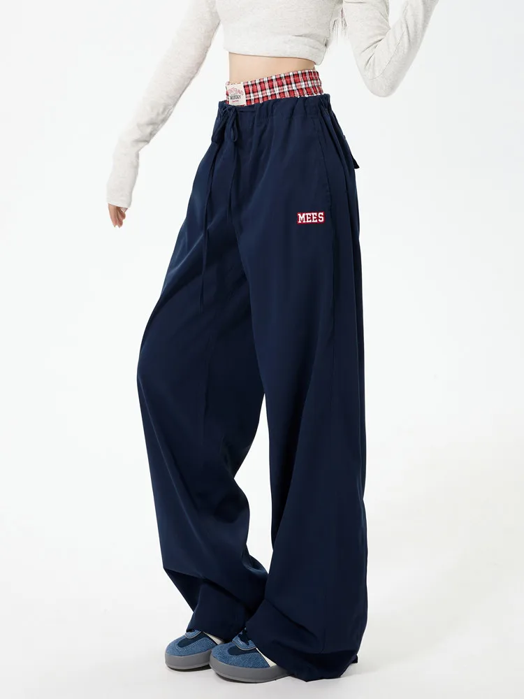 Harajuku Y2K Retro Drawstring Patchwork Plaid Sweatpants Women's Autumn Winter Casual Loose Street Joggers Straight Baggy Pants