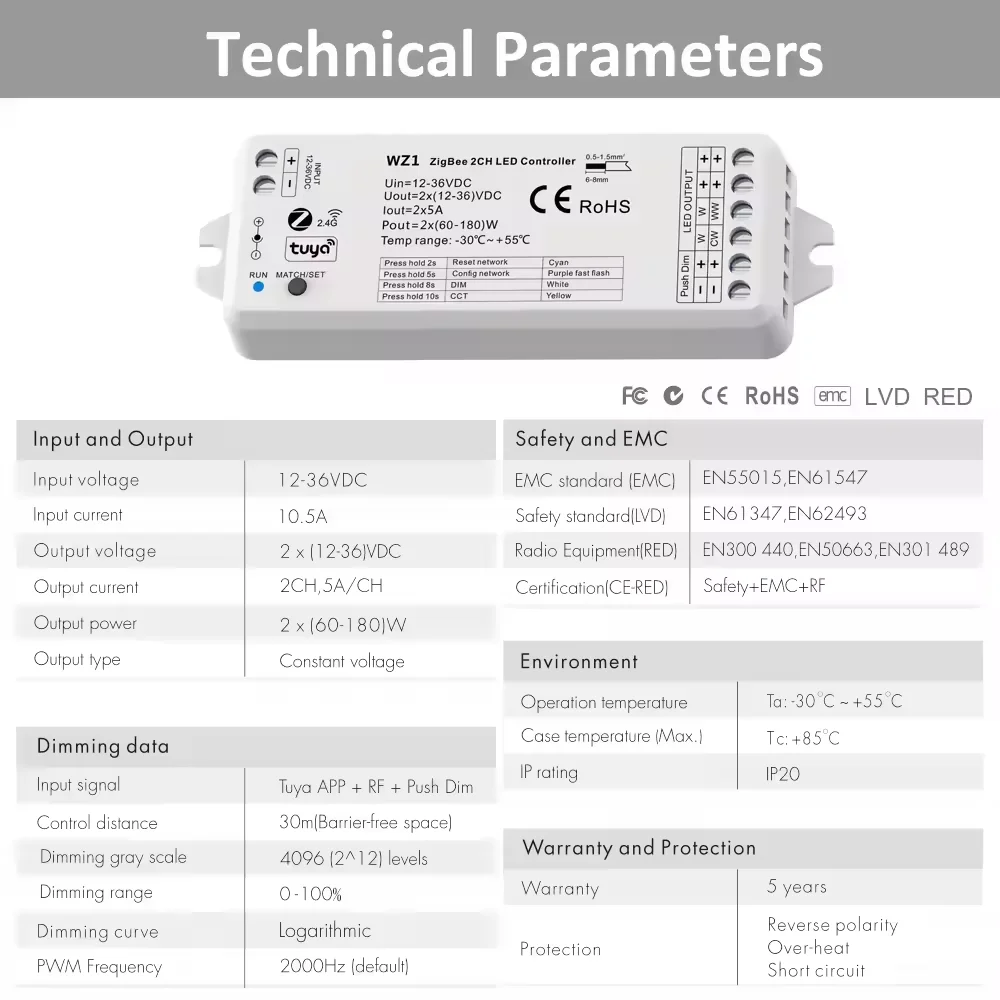 زيجبي & RF 2CH LED تحكم ذكي باهتة مباراة مع 10-مفتاح CCT اللاسلكية عن بعد تويا APP باهتة لشريط CCT LED تيار مستمر 12 فولت 24 فولت